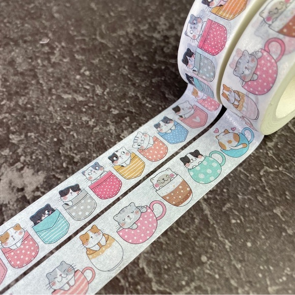 Kitty Cats In Pockets and Coffee Mugs, Washi Tape, Set Of 2 Rolls - Picture 9 of 9